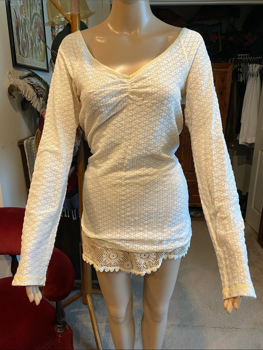 Free People Ivory Knit Scoop Neck Top with Pale Yellow Trim